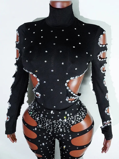 Drag Queen Outfit Sparkly Black Hollow Sexy 2 Piece Crystal Women Evening Prom Celebrate Birthday NightClub Performance Costume