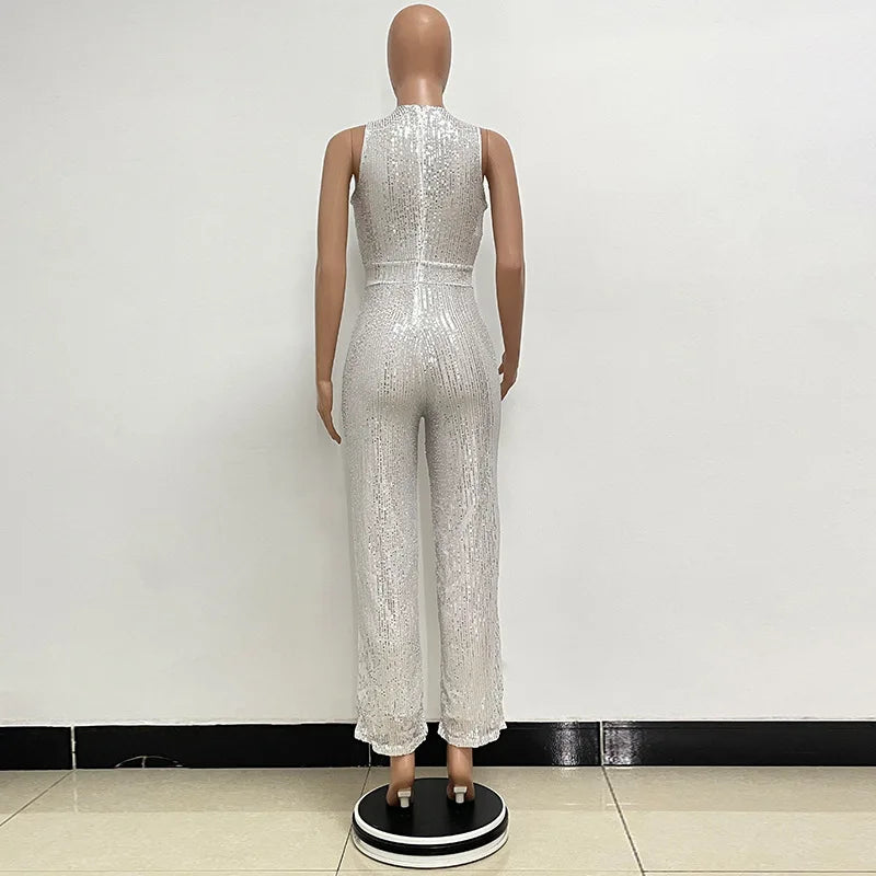 Bling Bling Sequined Club Jumpsuit Sexy Women O-neck Elegant Shiny Sliver Gold Sequins Straight Romper Overalls