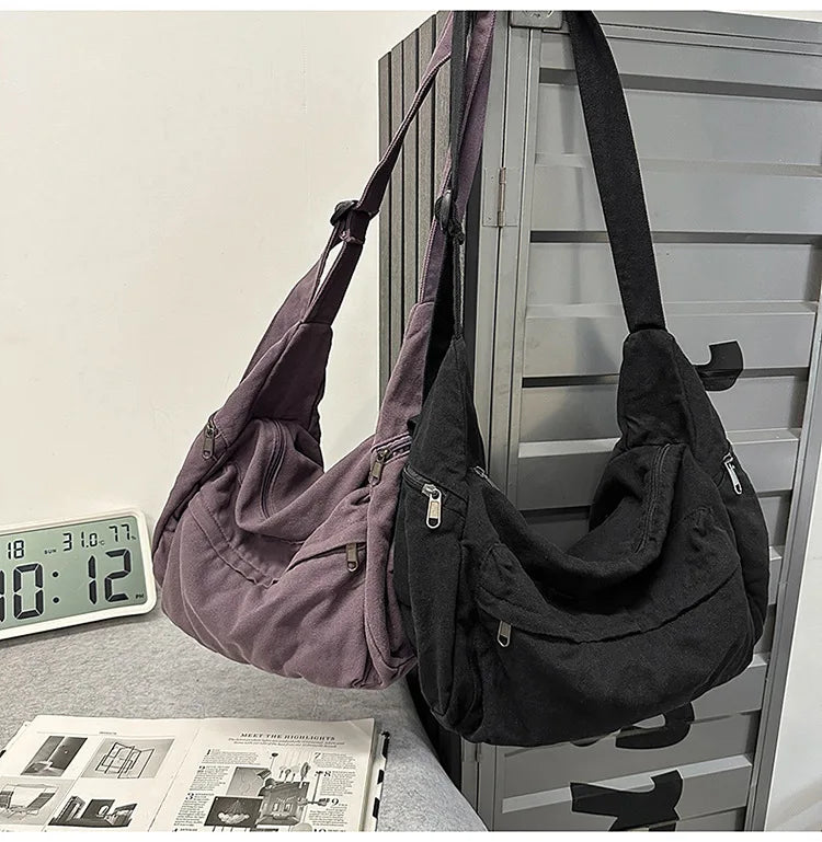 100% Cotton Shoulder Bags Women Large Capacity Canvas Tooling Packages Korea Style Cloth Crossbody Bags Solid Messenger Bags
