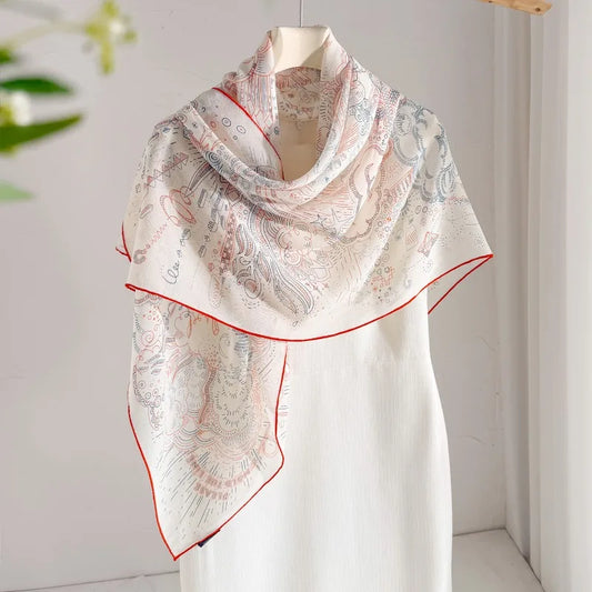 100% Mulberry Silk Scarf Long Lace Trim Neckerchief All Match Chic Ladies Portable Outdoor Daily Decor Neck Band Ornament