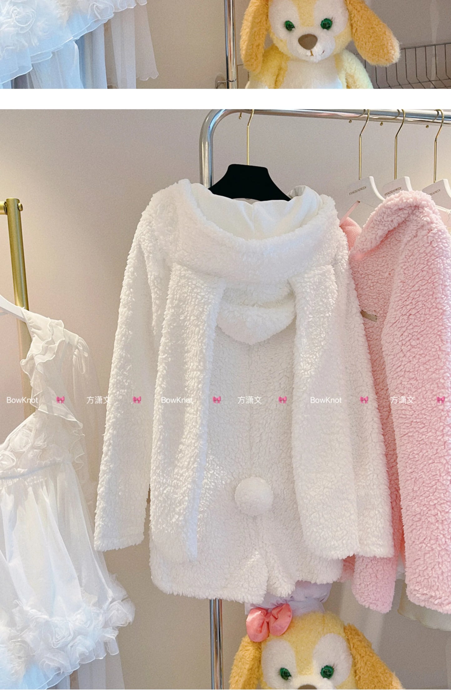 Pink Rabbit Hooded Fluffy Jumpsuits Sweet Zipper Long Sleeve Solid Color Rompers Flannel Onesie Shorts Pajamas Loungewear