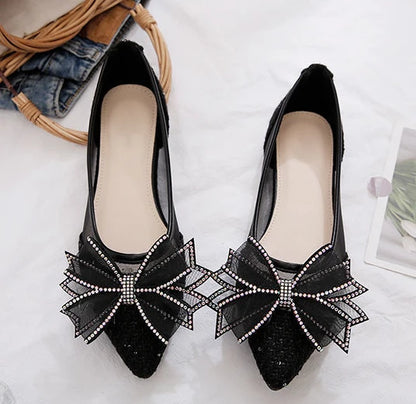 Women's Flat Mesh Shoes Diamond with Bow Pointed Toe Ladies Footwear Casual Non Slip Luxury Brand Elegant and Fashionable Y2k On