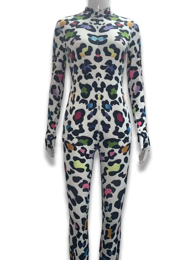 Women Sexy Rainbow Spot Print Jumpsuit Halloween Colorful Spotted Dog Cosplay Bodysuit Festival Theme Party Catsuit Rave Outfits