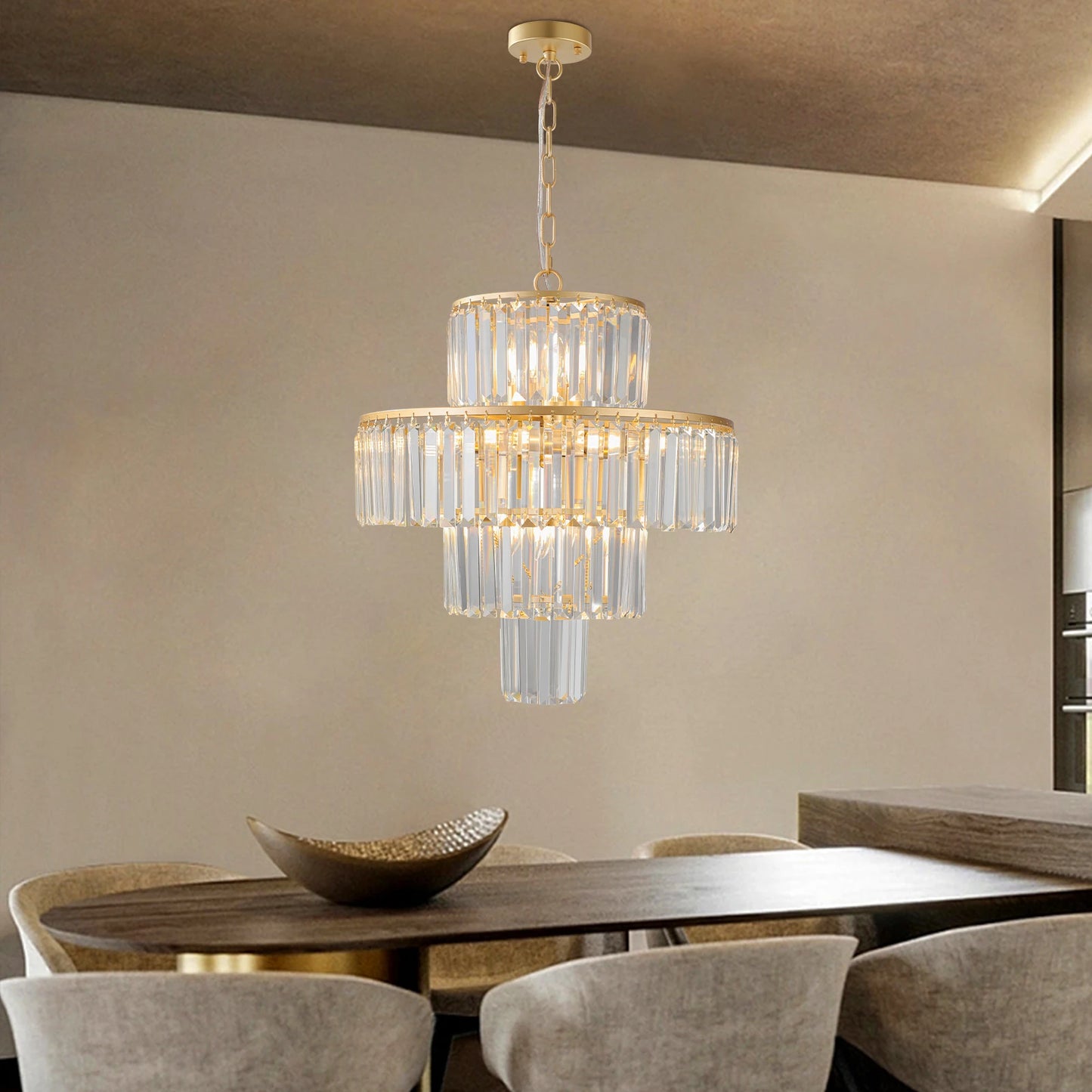 20" Luxury 4-Tier Crystal Chandelier, 12-Light Gold Frame Pendant Light, Elegant Ceiling Lighting for Living Room, Dining Room
