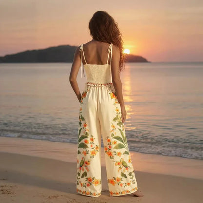 Elegant Floral Print Suspender Jumpsuits 2026 Summer New Backless Lace-up Loose Wide-leg Pants Suit for Boho Beach Vacation