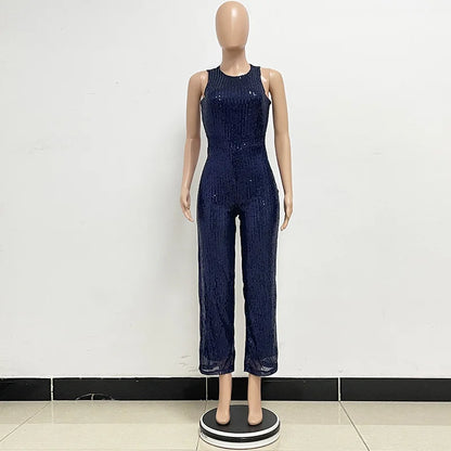 Bling Bling Sequined Club Jumpsuit Sexy Women O-neck Elegant Shiny Sliver Gold Sequins Straight Romper Overalls