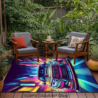 Flannel Printed Neon Car Rug Futuristic City Design Soft Fleece Outdoor Mat Garden Patio Carpet Sci Fi Decor Rugs