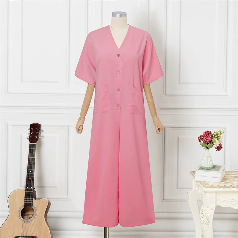 2026 VONDA Women Plus Size Jumpsuits Solid Vintage Overalls Casual Loose Big Pockets Buttons V Neck Party Playsuits Oversized