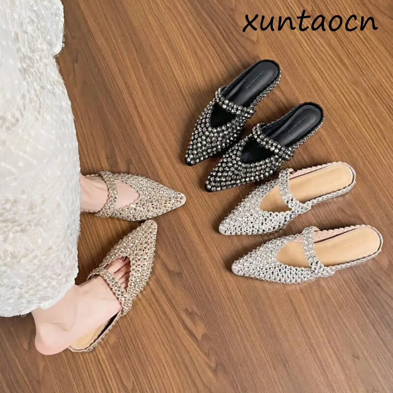 Luxury Rhinestone Pointed Toe Slippers for Women Sexy Backless Flats Mules Sandals Elegant Party Dress Mary Jane Shoes Ladies