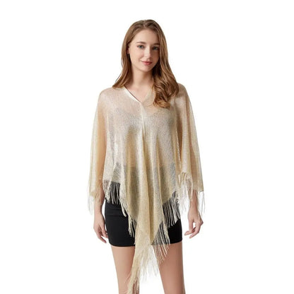 New Knit Tassel Knit Poncho Top Shimmer Asymmetrical with Tassel Beach Cover Up Casual Irregular Mesh Wrap Capelet Spring Summer