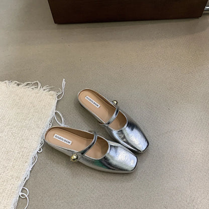 Soft Leather 2025 Ins Silver Buckle Strap Casual Shoes Fashion Flats Elegant Glitter Metallic Mules Shoes Cover Toe Slippers