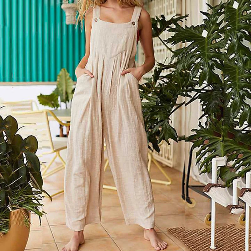 Women Summer Boho Jumpsuit Overalls Solid Ethnic Style Square Neck Sleeveless Casual Jumpsuit Pockets Loose Pants Jumpsuits 2024