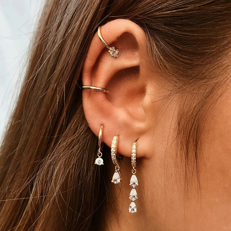 White Color Zircon Hoop Earrings 925 Sterling Silver Needle Cross/Star/Flower/Water Drop Pendant Gold Earrings Luxury Jewelry