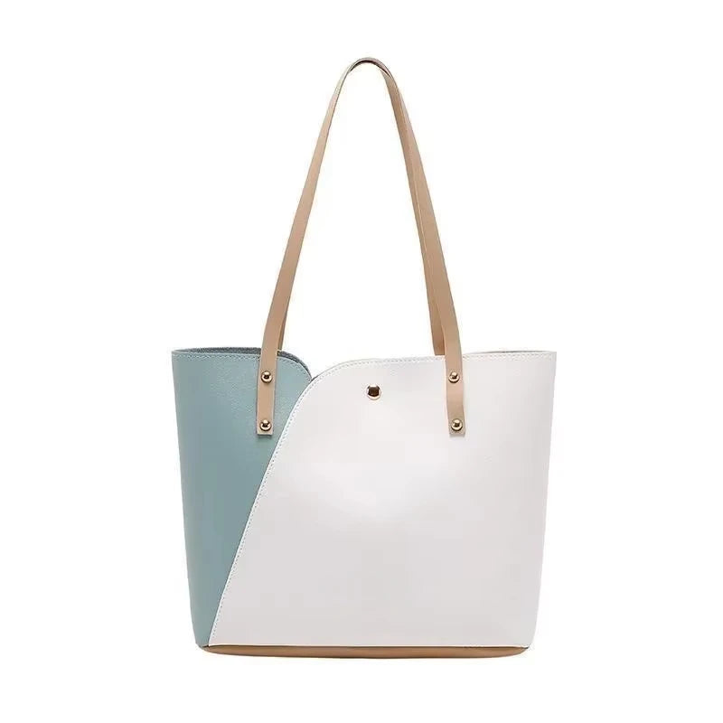 Large Capacity Patchwork Bag Hot Stamped Contrast Color Shoulder Bags Women Pu Leather Ladies Purses and Shopping Bag Casual