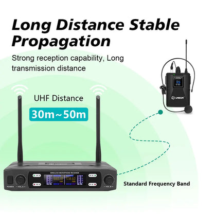 LMBGM R22 2Channel UHF Wireless Lavalier Microphone & Headset System, Professional Dual Frequency Wireless Receiver Set with 2 Bodypack Transmitters, Cardioid Condenser Lapel Mic for Stage Show, Church, Teaching, Speech, Publ