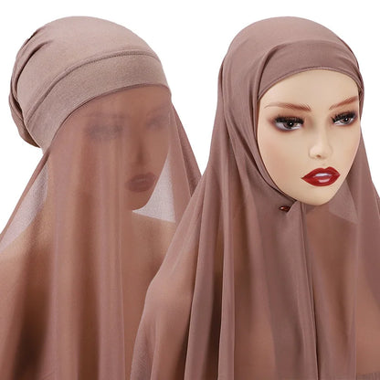 Muslim Women Bonnet + Chiffon Shawl Instant Under Scarf Cap Islam Inner Scarf Headband Stretch Hijab Cover Headwrap Turbante