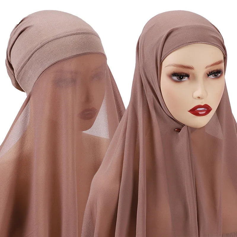 Muslim Women Bonnet + Chiffon Shawl Instant Under Scarf Cap Islam Inner Scarf Headband Stretch Hijab Cover Headwrap Turbante