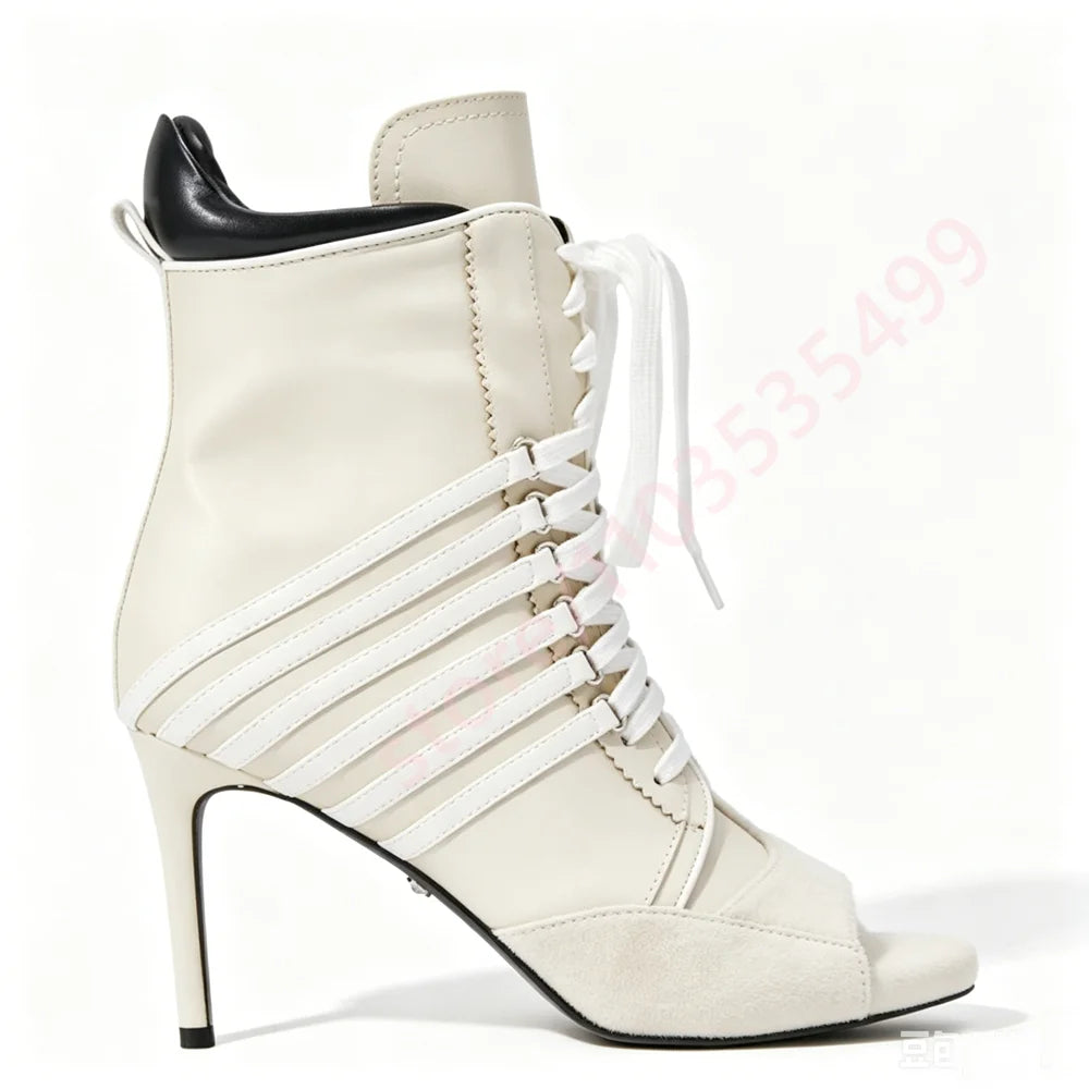 2026 Summer New Style Striped Peep Toe Ankle Boots Women Front Lace Up Thin Stiletto High Heel Fashion Streetwear Booties