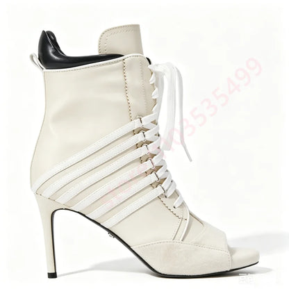 2026 Summer New Style Striped Peep Toe Ankle Boots Women Front Lace Up Thin Stiletto High Heel Fashion Streetwear Booties