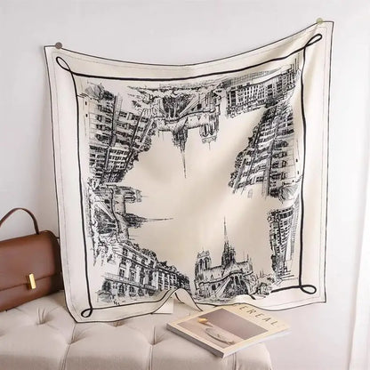 Black White View Print Twill Silk Scarf 90x90cm Women Fashion Square Neck Scarf Satin Kerchief Head Wrap Bandana Bag Decoration