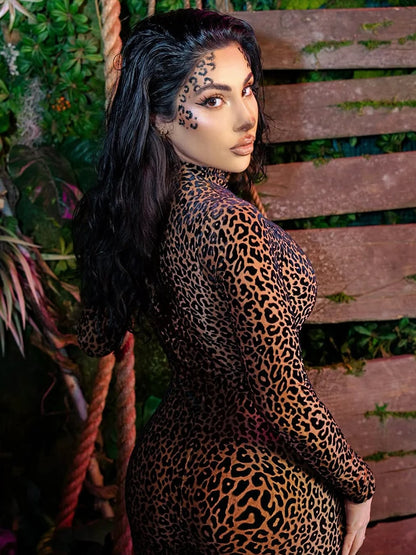 kliou Midnight Y2K Women Jumpsuits Hipster Leopard Print Full Sleeve Round Neck Slim Overalls Female Trend Party Club One Piece