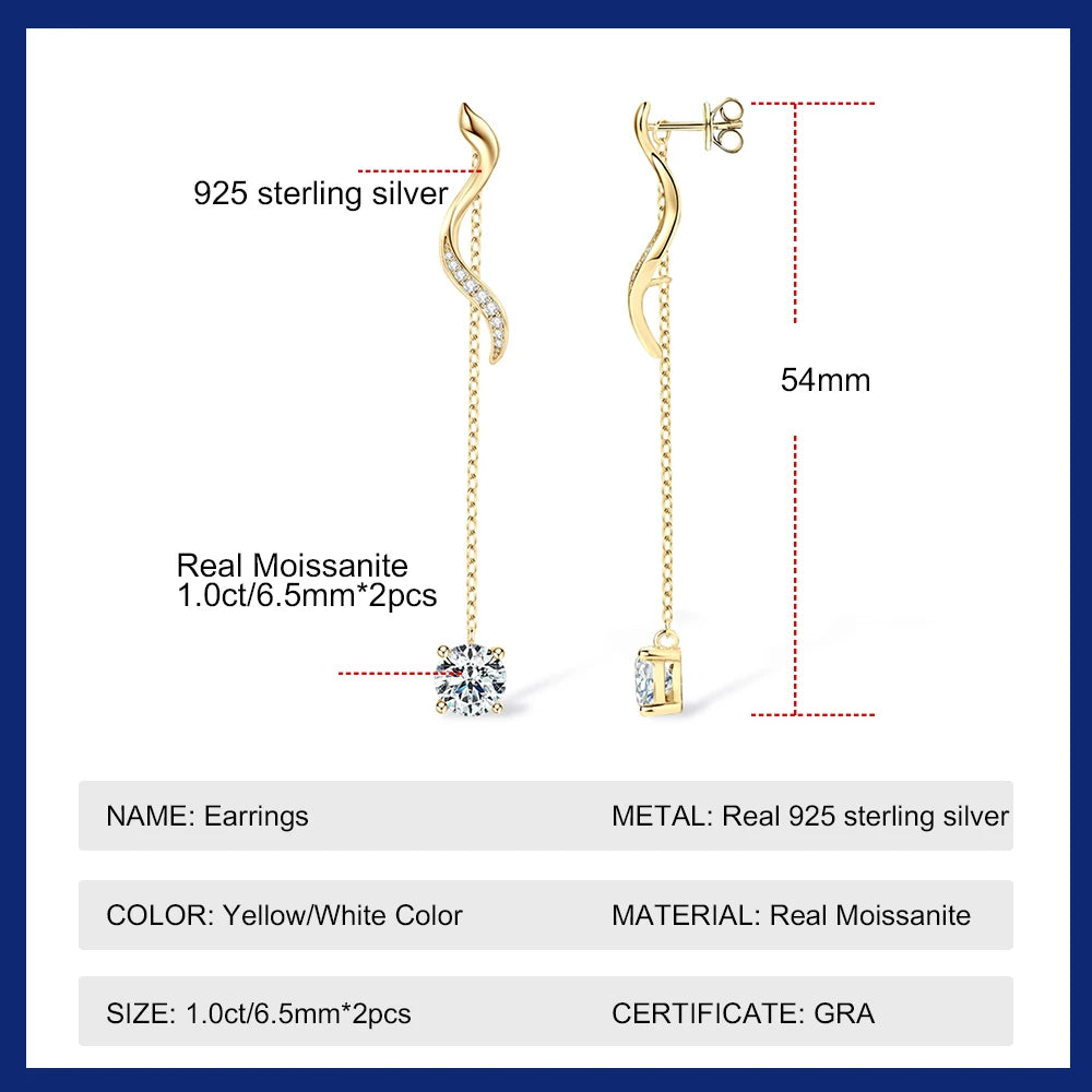 Sweetrain 1CT Moissanite Drop Earrings S925 Sterling Silver Long Tassel Dangle Earring for Women Wedding Jewelry Gifts with GRA