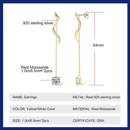 Sweetrain 1CT Moissanite Drop Earrings S925 Sterling Silver Long Tassel Dangle Earring for Women Wedding Jewelry Gifts with GRA