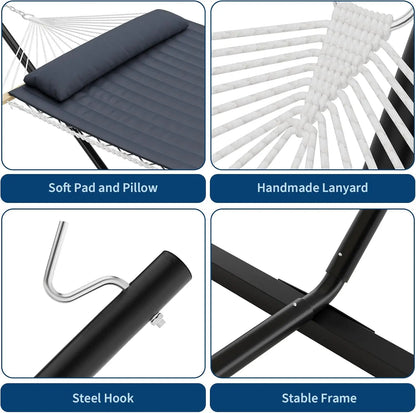Double Cotton Hammock with Stand, Hammock with Adjustable Steel Frame | Portable Freestand Hammock Set Includes Carry Bag, Padded Polyester Pad & Pillow, 450 lb Capacity for Garden/Backyard/Travel