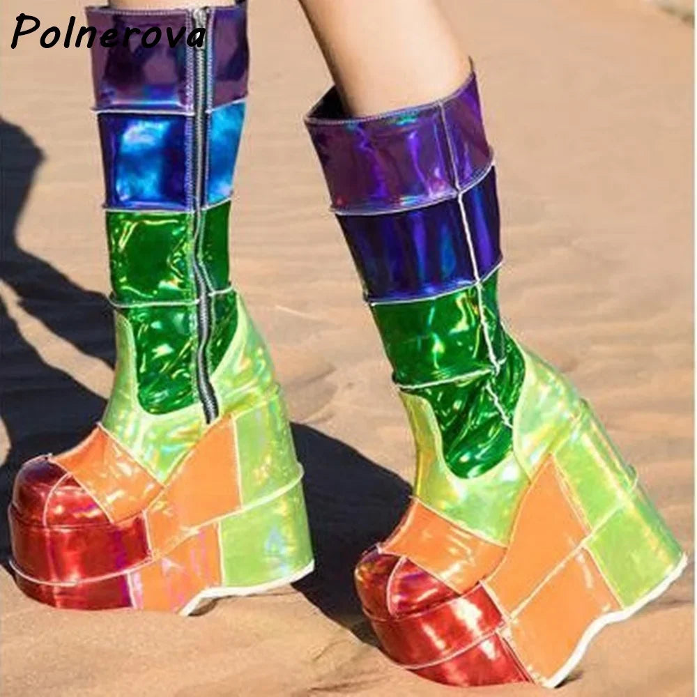 Double Platform Knee High Boots Rainbow Patchwork Round Toe Thick Soled Women's Shoes Women's Fashion Sexy Leather Winter Boots
