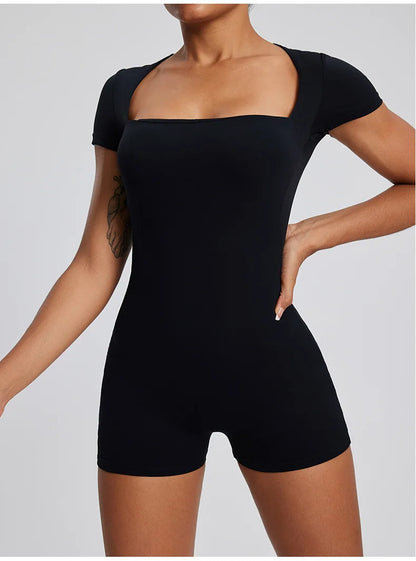 Gothic Square Neck Fitness Women's Quick-Drying Bodysuit with Elastic Short Sleeve and Built-in Chest Pads