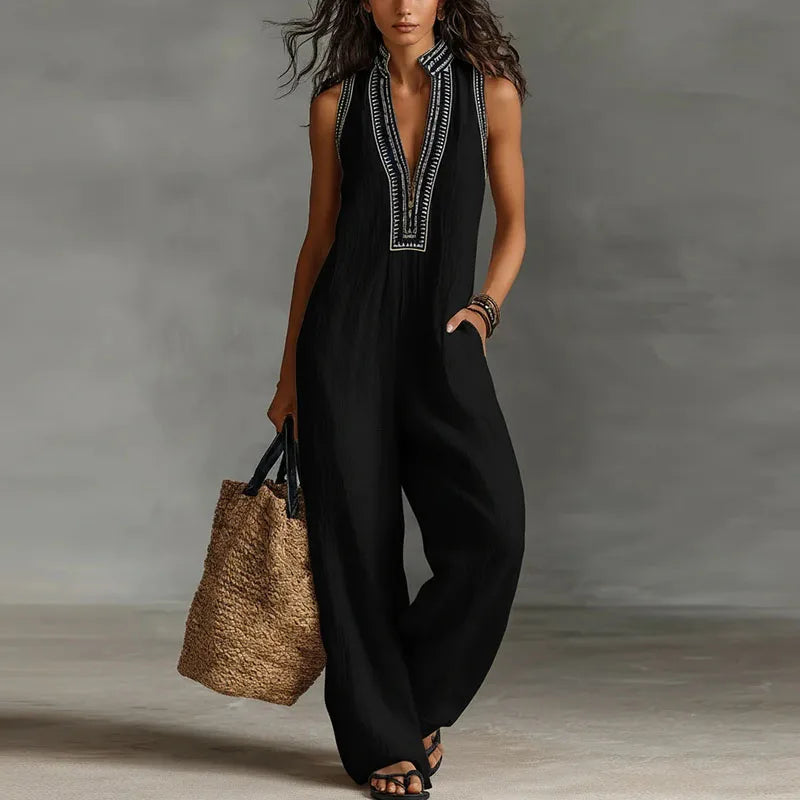 Bohemian Vacation Jumpsuit for Woman 2026 Spring Sexy Print Deep V Neck Hollow Rompers Summer Sleeveless Wide Leg Pants Overalls