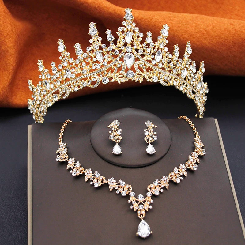 Elegant Silver Color Crystal Bridal Jewelry Sets Princess Tiara Crown and Necklace Earrings Sets for Bridal Wedding Prom Gifts