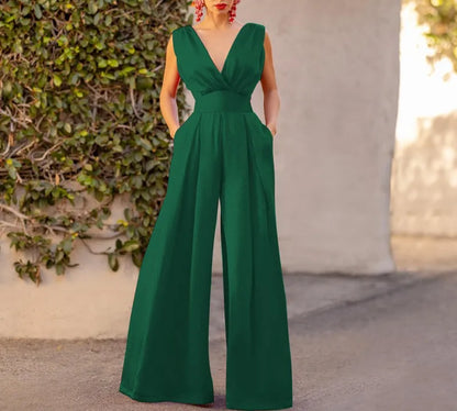 2026 Women's Elegant Jumpsuits Summer Sexy Deep V Slim High Waist Jumpsuits Fashion Sleeveless Wide Leg Rompers Female Overalls