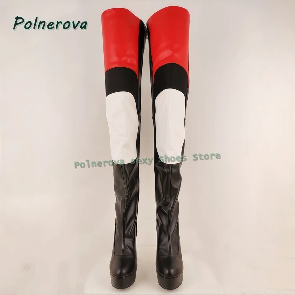 Multi Color Sexy Over The Knee Boots Round Toe Block Heels Side Zip Women Splicing Motorcycle Boots Punk Cool Style 2026 Spring