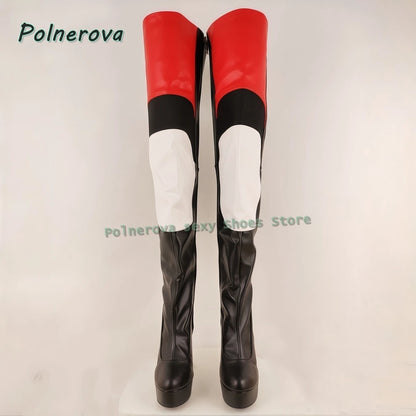 Multi Color Sexy Over The Knee Boots Round Toe Block Heels Side Zip Women Splicing Motorcycle Boots Punk Cool Style 2026 Spring