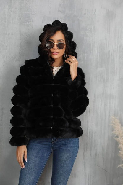 2026 Winter Hooded Plus Size Faux Fur Cropped Coat Women Furry Long Sleeve Plush Jacket Lady Large Fake Fur Warm Fluffy Cardigan