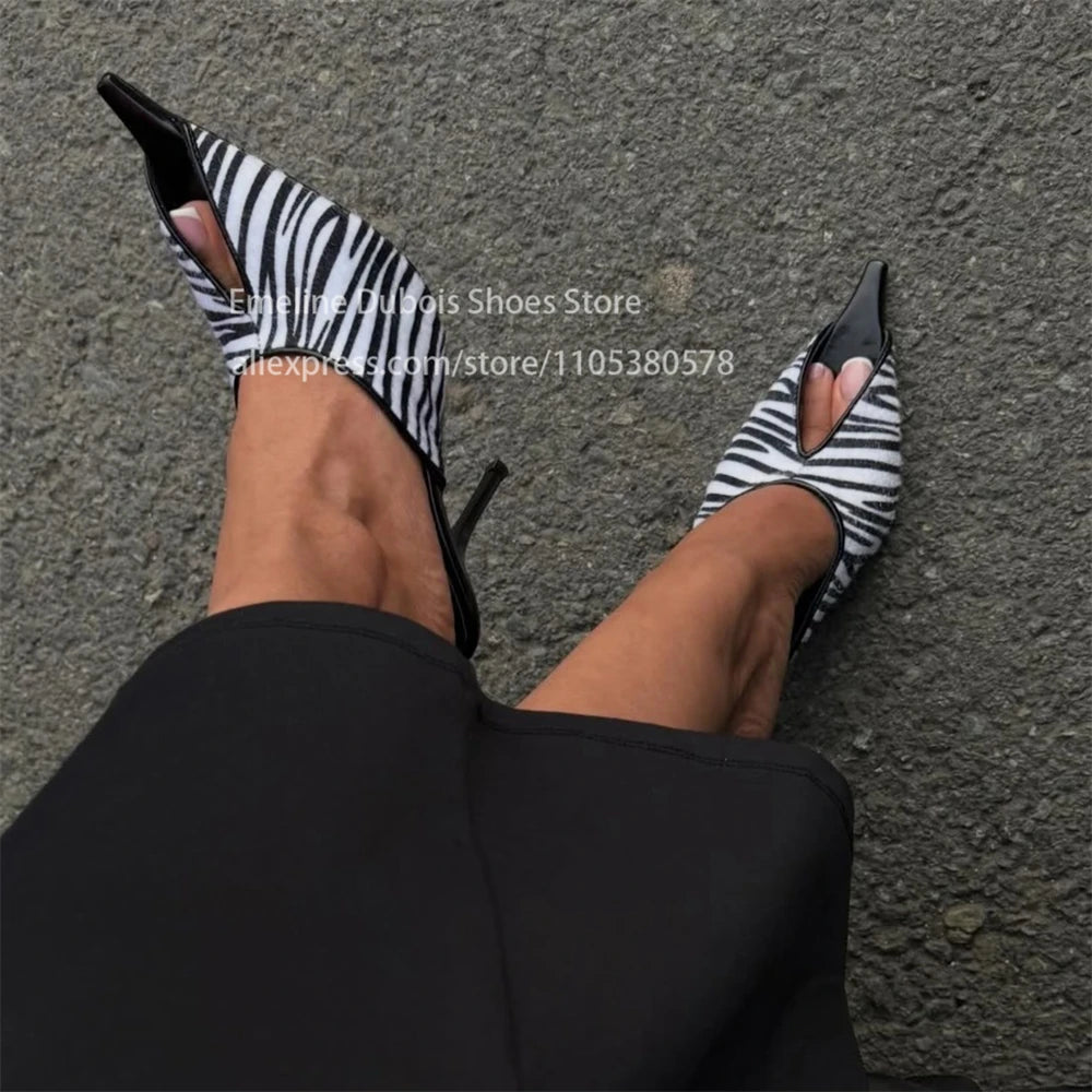 Zebra Print Faux Pony Hair Cutout High Heel Sandals Women Pointed Toe Slip on Stilettos Mules Sexy Party Ladies Dress Sandals