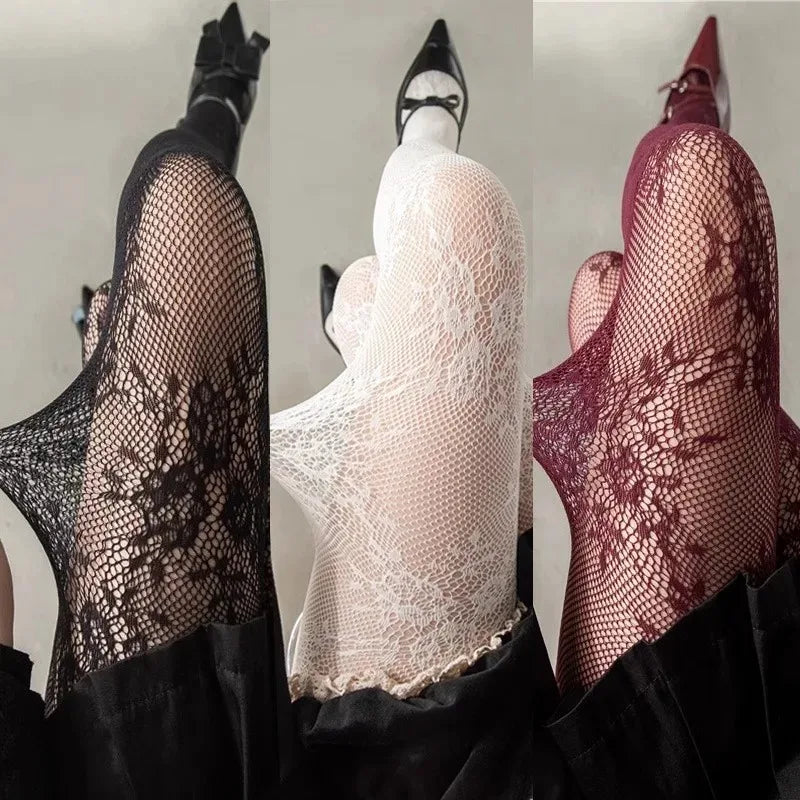 Korean INS Hollowed Lace Mesh Stockings Women Pantyhose Hot Tights Japanese Lolita Retro Floral Rattan Black White Long Socks