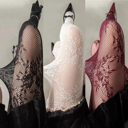 Korean INS Hollowed Lace Mesh Stockings Women Pantyhose Hot Tights Japanese Lolita Retro Floral Rattan Black White Long Socks