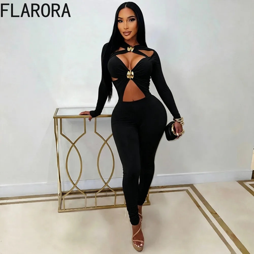 FLARORA Sexy Hollow Out Jumpsuits Woman Trend Metal Buckle Decoration Full Sleeve Skinny Peach Hip Party Club Street Overalls