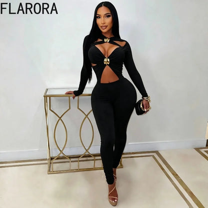 FLARORA Sexy Hollow Out Jumpsuits Woman Trend Metal Buckle Decoration Full Sleeve Skinny Peach Hip Party Club Street Overalls