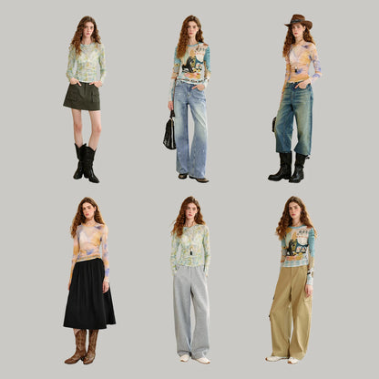 TOYOUTH Women's Sheer Second Skin Base Layer Top 2026 Fall Slim Fit Mongolian Print Nomadic Style