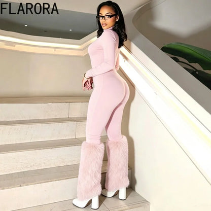 FLARORA Sexy Faux Fur Patchwork Jumpsuits Woman Turtleneck Full Sleeve Skinny Peach Hip Jumpsuit Midnight Party Club Overalls
