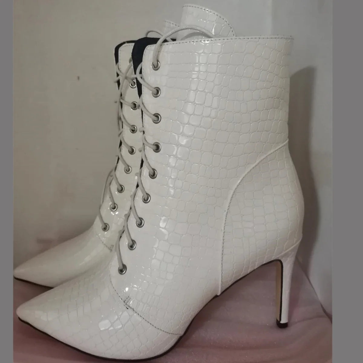 Sexy Ankle Cowboy Boots For Women Dance Shoes Fashion Snake Red White Black High Heels Lace Up Short Boot Autumn Large Size