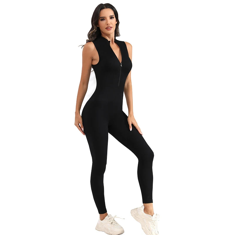 Ribbed Sleeveless Zip Front Sport Jumpsuits Women Yoga Jumpsuits Workout Ribbed Seamless One Piece Jumpsuits Zip Up Bodycon