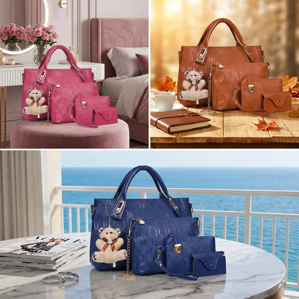 4 Pcs Women Handbag Set Embossed Pattern PU Leather Tote Bags Fashion Chain Shoulder Crossbody Bag Ladies Wallet Card Holder Purse With Bear Pendant Daily Shopping Handbags