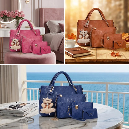 4 Pcs Women Handbag Set Embossed Pattern PU Leather Tote Bags Fashion Chain Shoulder Crossbody Bag Ladies Wallet Card Holder Purse With Bear Pendant Daily Shopping Handbags