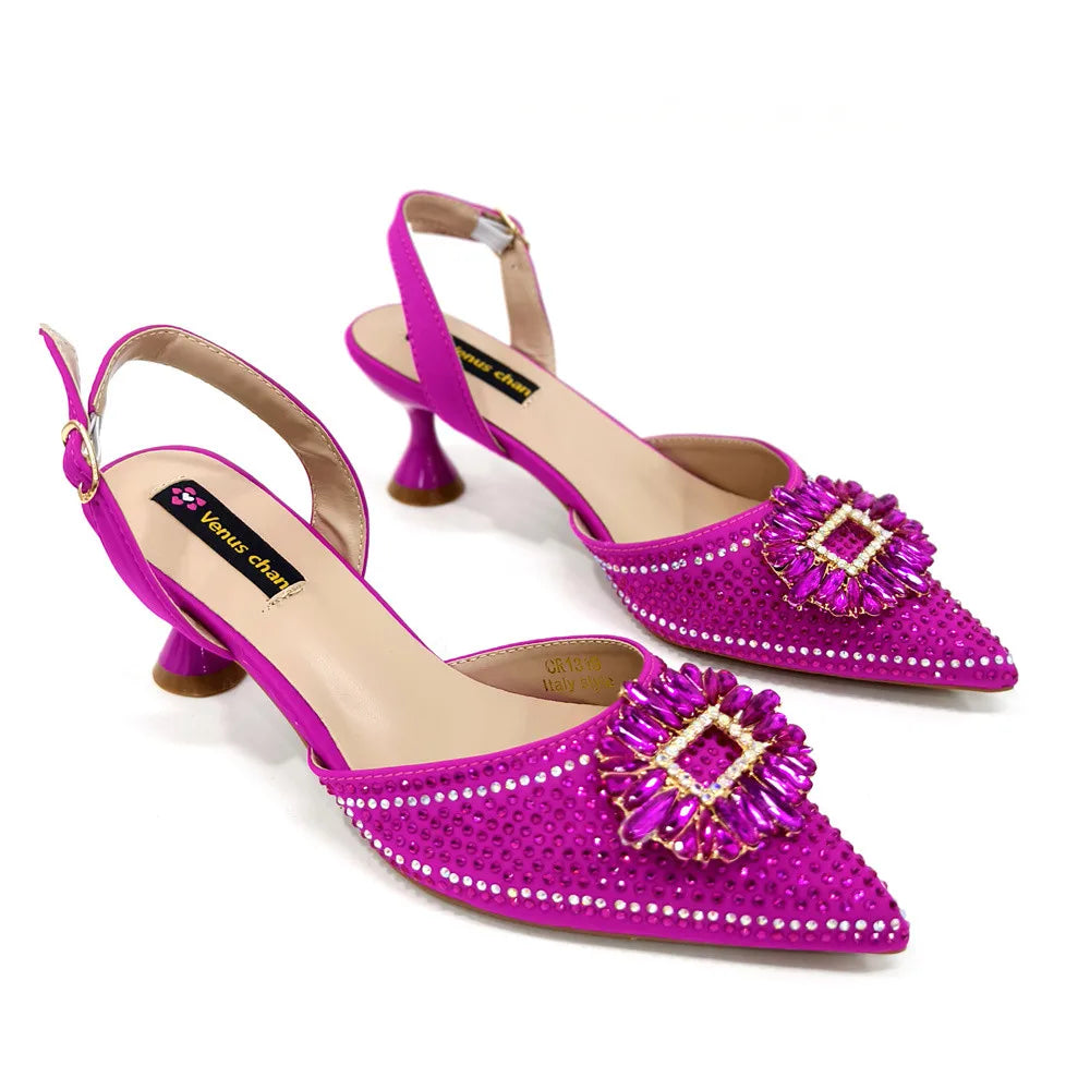 Latest Elegant Wedding Italian Diamond Design Shoes Women's African Party Shoes Crystal Shoes High School High Heels