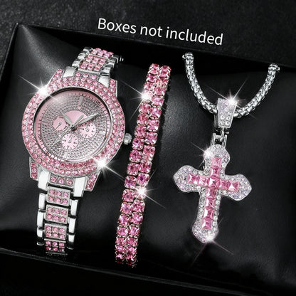 3PCS Luxury Rhinestone Women Watch Diamond Jewelry Set Elegant Steel Ladies Quartz Wristwatch Reloj Mujer（Without Box）