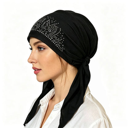 Fashion Muslim Headscarf Hat for Women Thin Summer Inner Hijab Caps Solid Color Diamond Turban Bonnet India Headwrap